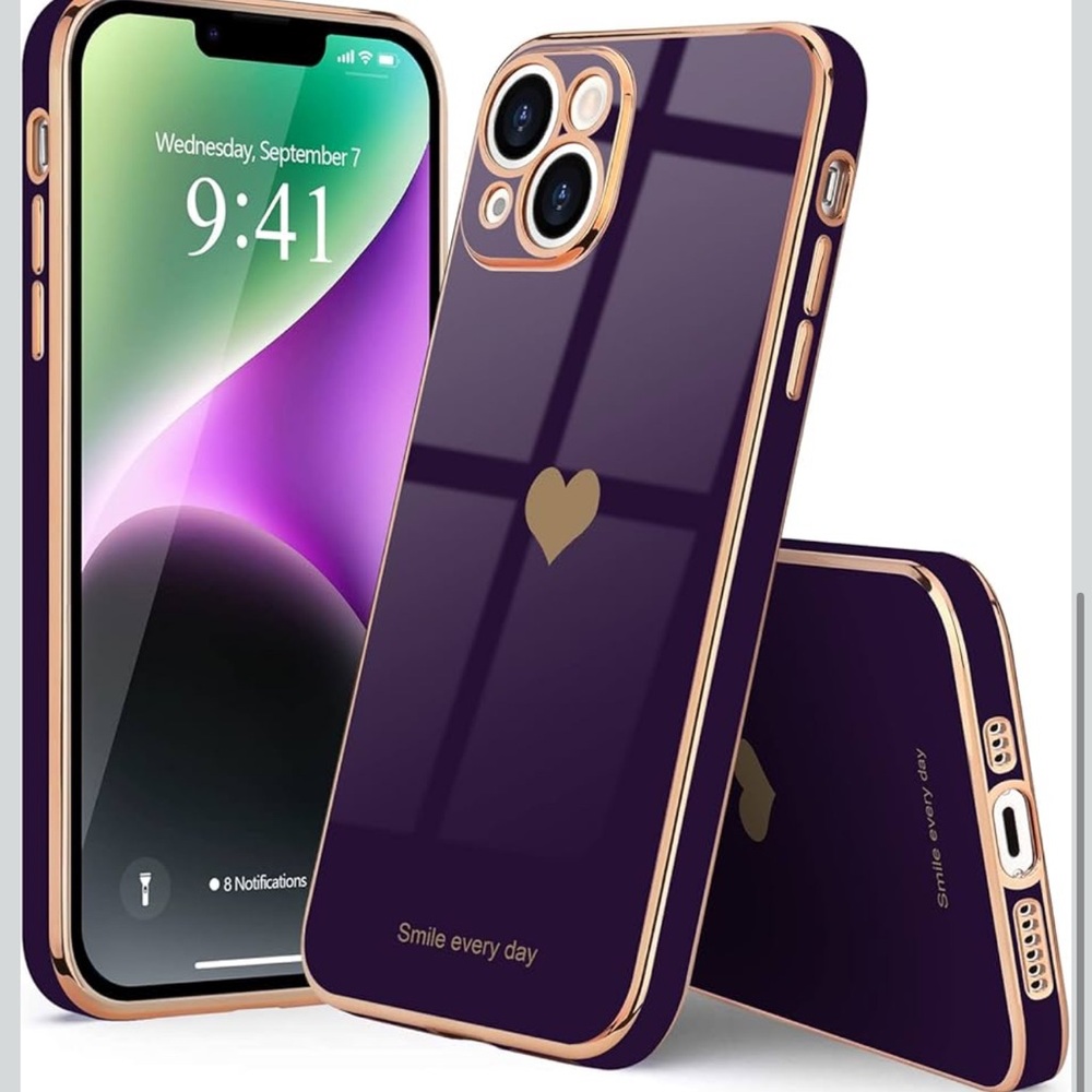 NEW iPhone 14 Plus Case Purple and Gold Heart Design - Picture 3 of 6